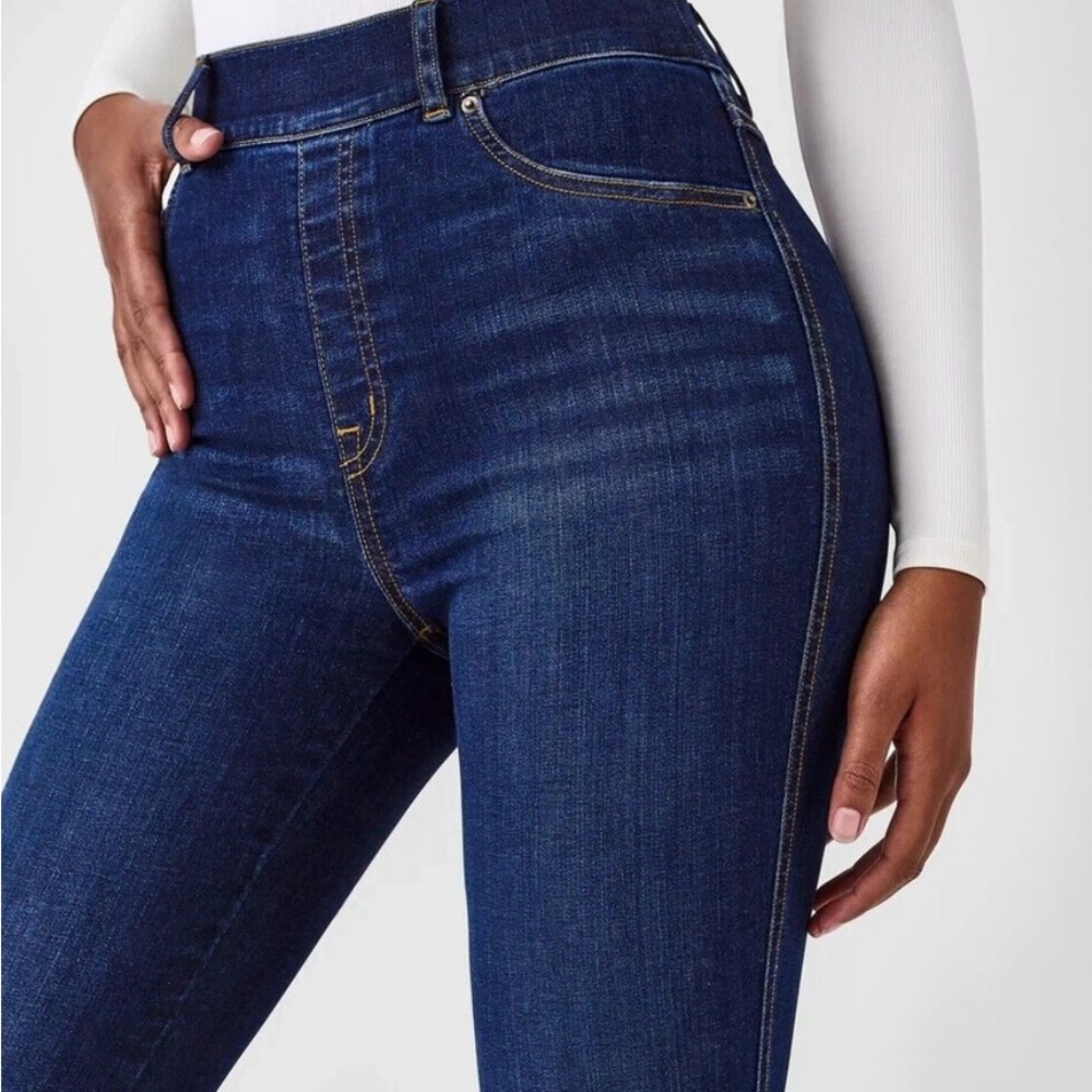 High-Rise Dark Blue Flare Jeans - Women's - Picture 3 of 7